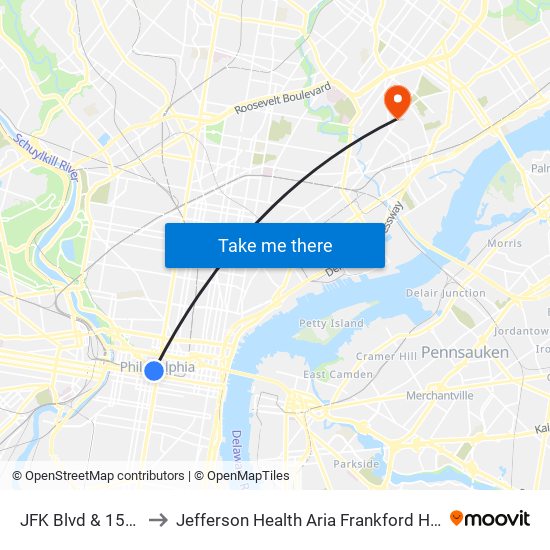 JFK Blvd & 15th St to Jefferson Health Aria Frankford Hospital map