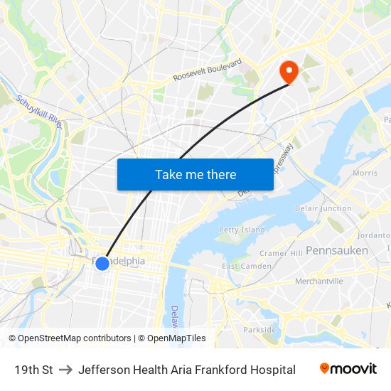 19th St to Jefferson Health Aria Frankford Hospital map