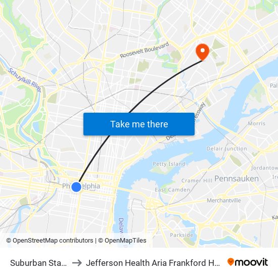 Suburban Station to Jefferson Health Aria Frankford Hospital map