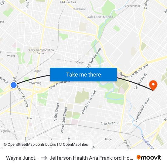 Wayne Junction to Jefferson Health Aria Frankford Hospital map