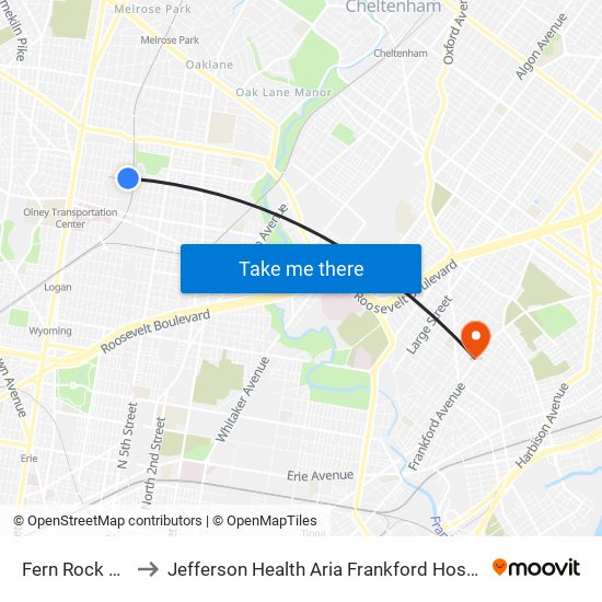 Fern Rock T C to Jefferson Health Aria Frankford Hospital map