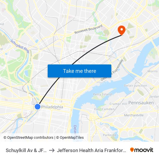 Schuylkill Av & JFK Blvd to Jefferson Health Aria Frankford Hospital map