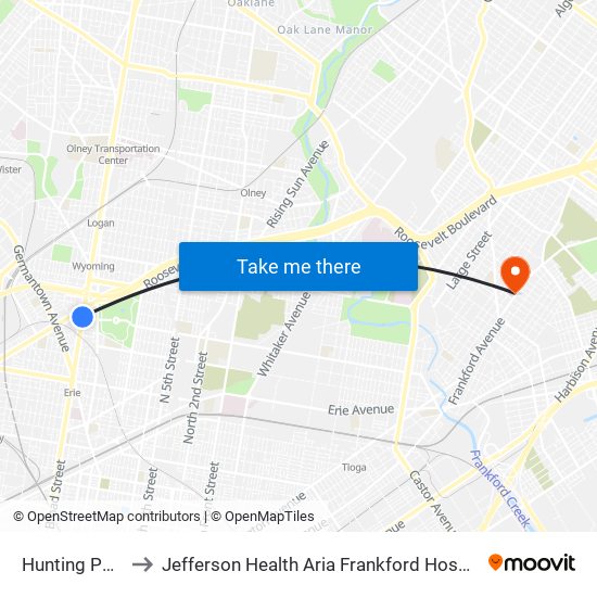 Hunting Park to Jefferson Health Aria Frankford Hospital map