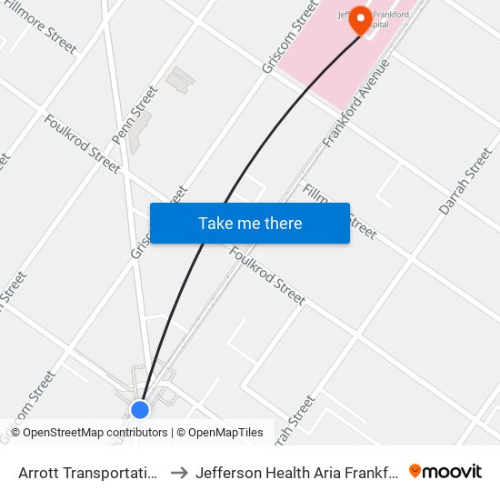 Arrott Transportation Center to Jefferson Health Aria Frankford Hospital map