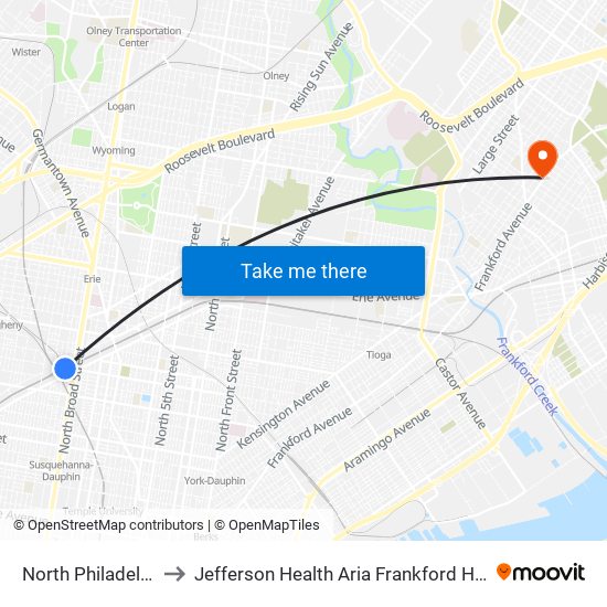 North Philadelphia to Jefferson Health Aria Frankford Hospital map