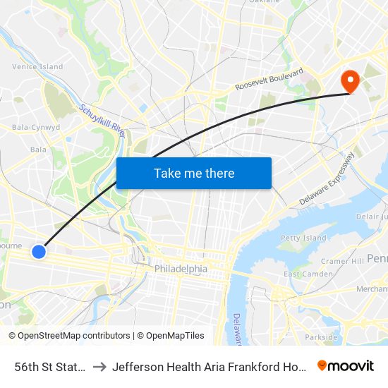 56th St Station to Jefferson Health Aria Frankford Hospital map