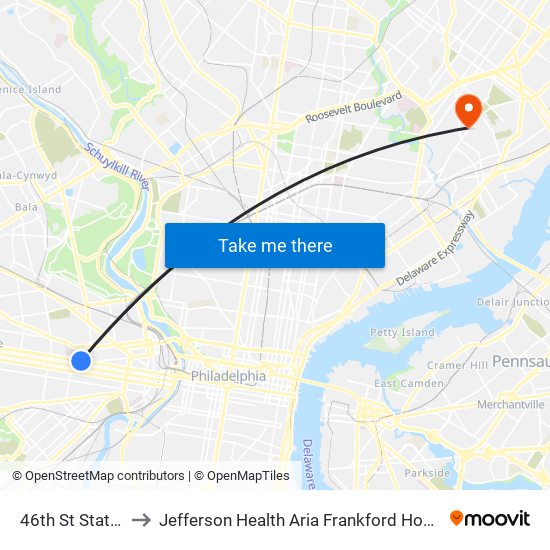 46th St Station to Jefferson Health Aria Frankford Hospital map
