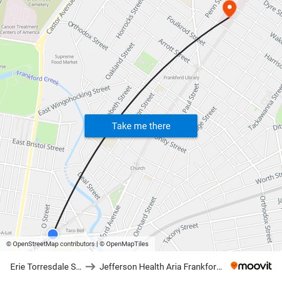 Erie Torresdale Station to Jefferson Health Aria Frankford Hospital map