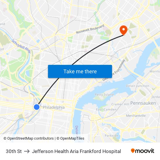 30th St to Jefferson Health Aria Frankford Hospital map