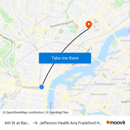 6th St at Race St to Jefferson Health Aria Frankford Hospital map