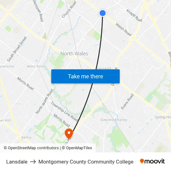 Lansdale to Montgomery County Community College map