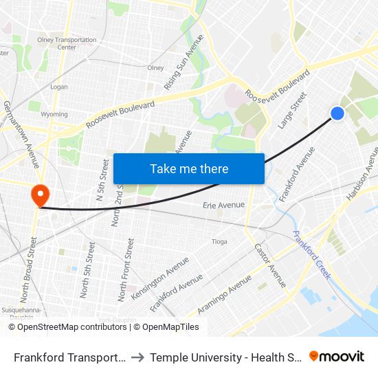Frankford Transportation Center to Temple University - Health Sciences Campus map