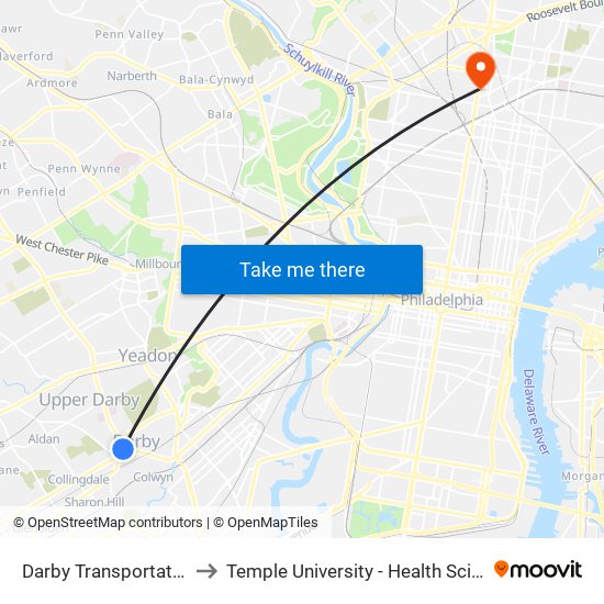 Darby Transportation Center to Temple University - Health Sciences Campus map