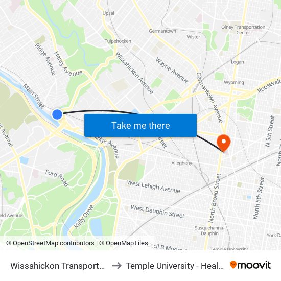 Wissahickon Transportation Center - Onsite to Temple University - Health Sciences Campus map