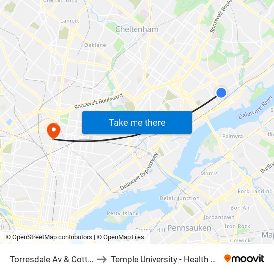 Torresdale Av & Cottman Av Loop to Temple University - Health Sciences Campus map