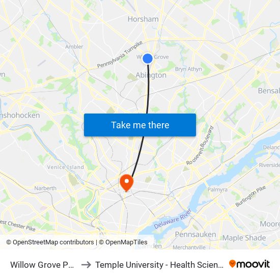 Willow Grove Park Mall to Temple University - Health Sciences Campus map