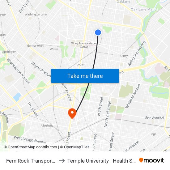 Fern Rock Transportation Center to Temple University - Health Sciences Campus map