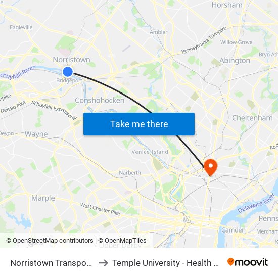 Norristown Transportation Center to Temple University - Health Sciences Campus map