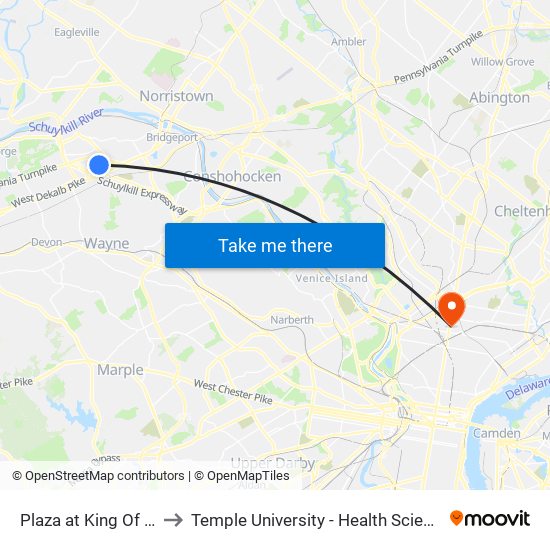 Plaza at King Of Prussia to Temple University - Health Sciences Campus map