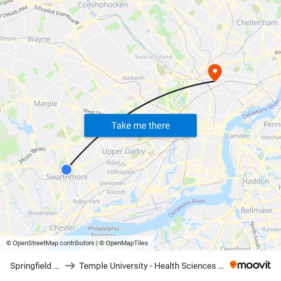 Springfield Mall to Temple University - Health Sciences Campus map