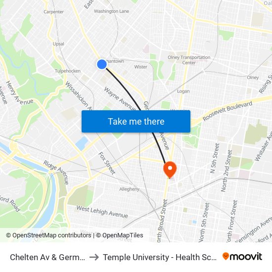 Chelten Av & Germantown Av to Temple University - Health Sciences Campus map