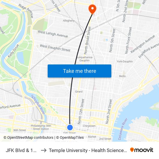 JFK Blvd & 15th St to Temple University - Health Sciences Campus map