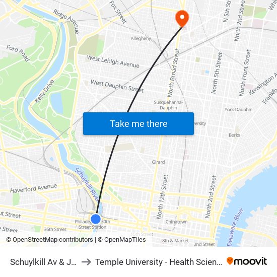Schuylkill Av & JFK Blvd to Temple University - Health Sciences Campus map