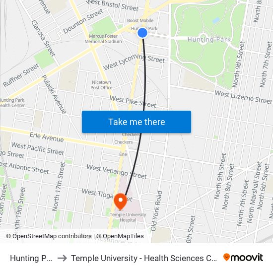 Hunting Park to Temple University - Health Sciences Campus map