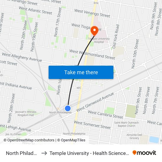 North Philadelphia to Temple University - Health Sciences Campus map
