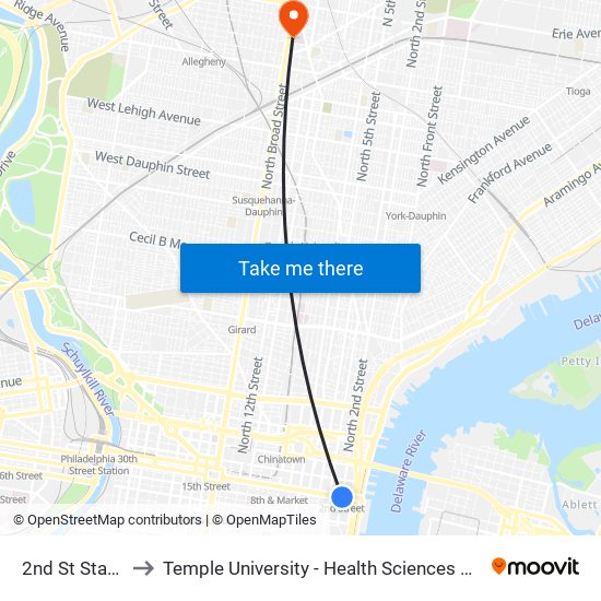 2nd St Station to Temple University - Health Sciences Campus map