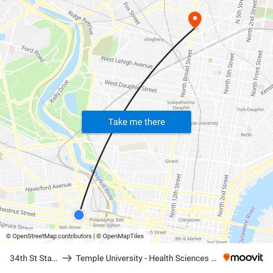 34th St Station to Temple University - Health Sciences Campus map