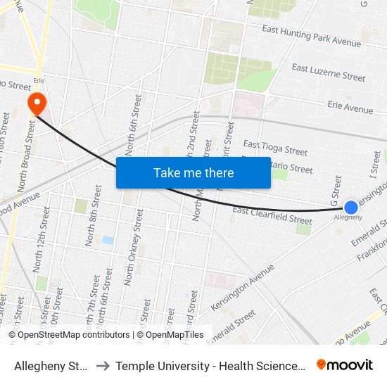 Allegheny Station to Temple University - Health Sciences Campus map