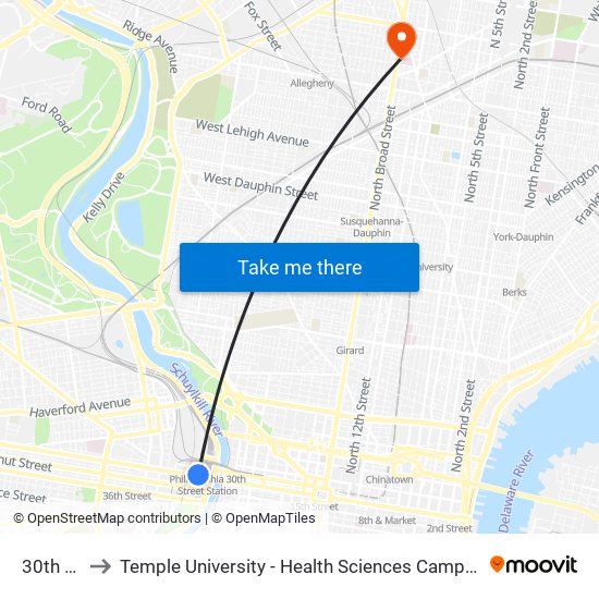 30th St to Temple University - Health Sciences Campus map