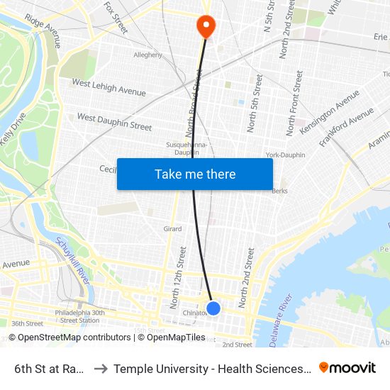 6th St at Race St to Temple University - Health Sciences Campus map