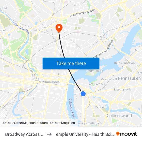 Broadway Across From Wrtc to Temple University - Health Sciences Campus map