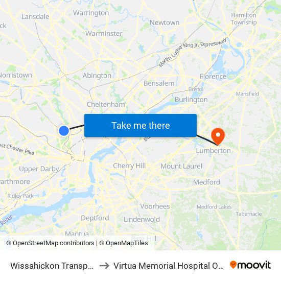 Wissahickon Transportation Center to Virtua Memorial Hospital Of Burlington County map