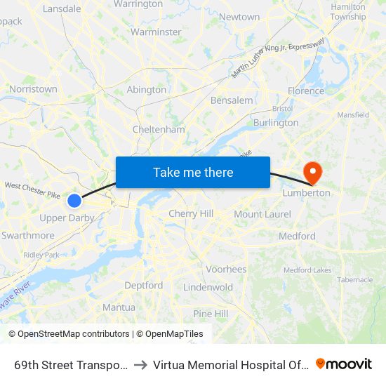 69th Street Transportation Center to Virtua Memorial Hospital Of Burlington County map