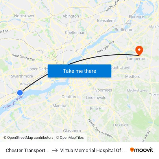 Chester Transportation Center to Virtua Memorial Hospital Of Burlington County map