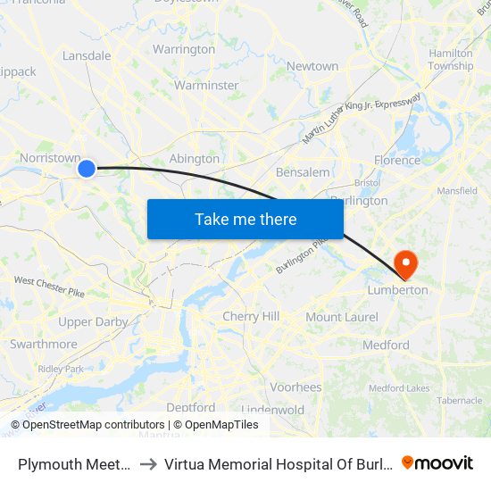 Plymouth Meeting Mall to Virtua Memorial Hospital Of Burlington County map