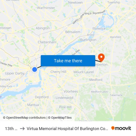 13th St to Virtua Memorial Hospital Of Burlington County map