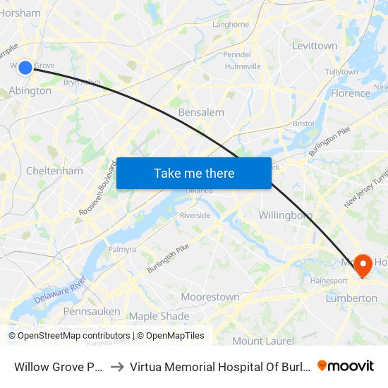 Willow Grove Park Mall to Virtua Memorial Hospital Of Burlington County map