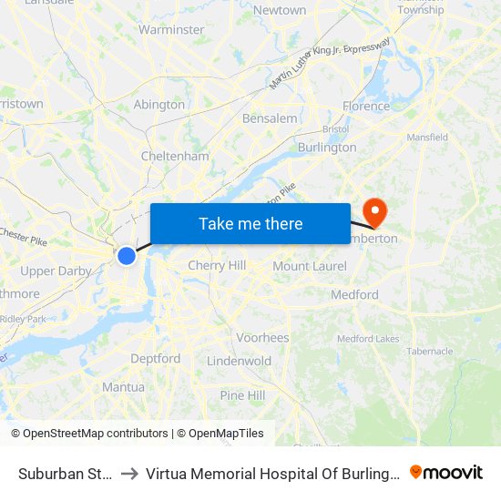 Suburban Station to Virtua Memorial Hospital Of Burlington County map