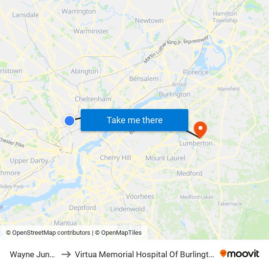 Wayne Junction to Virtua Memorial Hospital Of Burlington County map