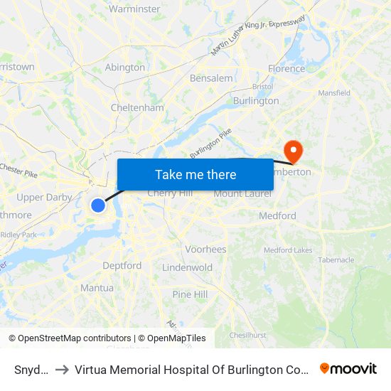 Snyder to Virtua Memorial Hospital Of Burlington County map