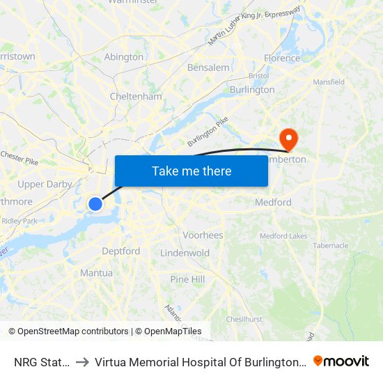 NRG Station to Virtua Memorial Hospital Of Burlington County map