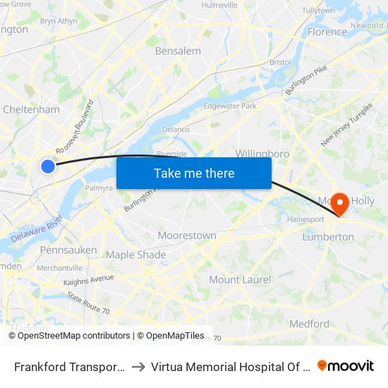 Frankford Transportation Center to Virtua Memorial Hospital Of Burlington County map