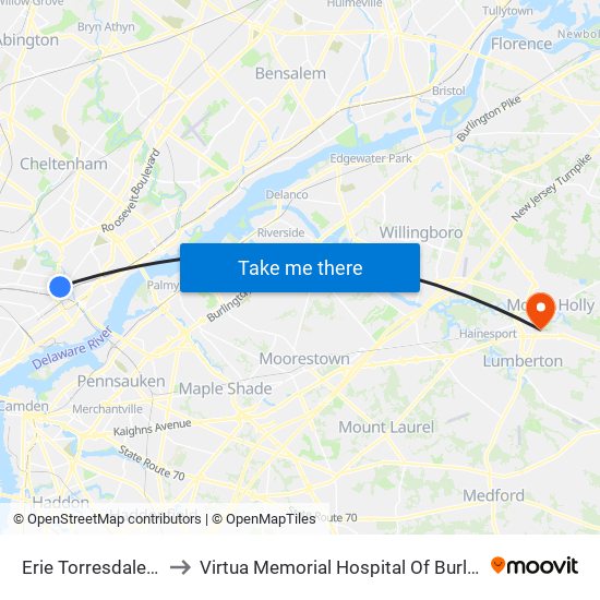 Erie Torresdale Station to Virtua Memorial Hospital Of Burlington County map