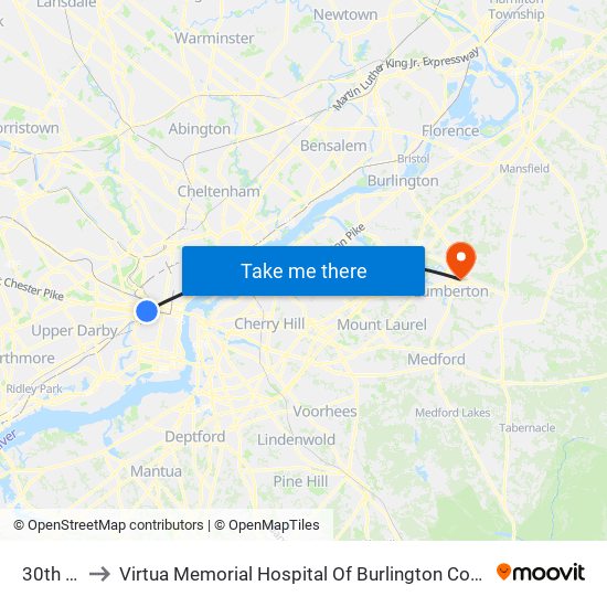 30th St to Virtua Memorial Hospital Of Burlington County map