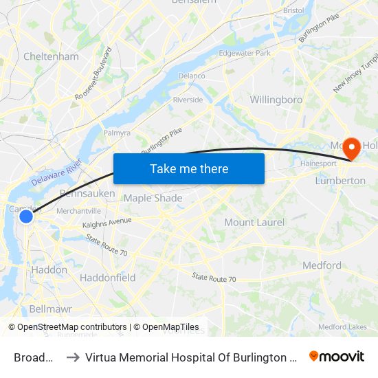 Broadway to Virtua Memorial Hospital Of Burlington County map