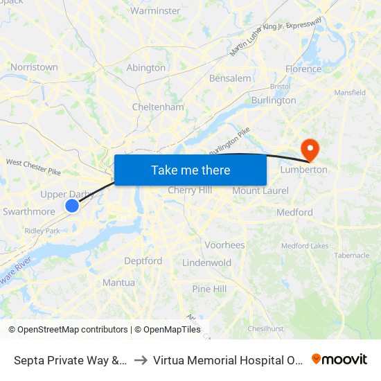 Septa Private Way & Macdade Blvd to Virtua Memorial Hospital Of Burlington County map